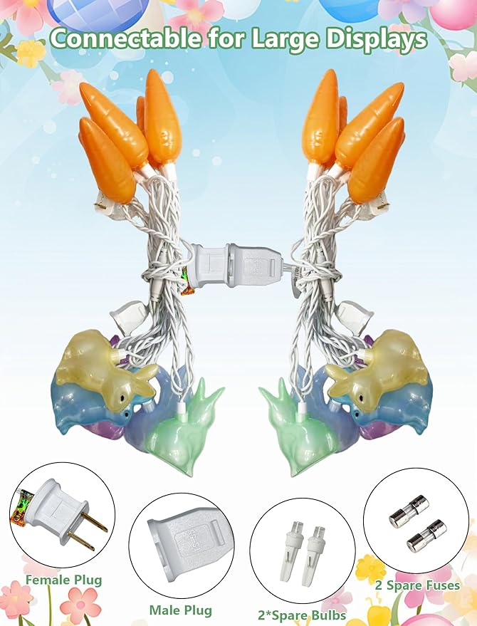 Easter Bunny Carrot String Lights, 8.5ft 10 Count Connectable Plug in Rabbit Light, UL Certified Multicolor Decor for Kids Bedroom Easter Tree Window Spring Holiday