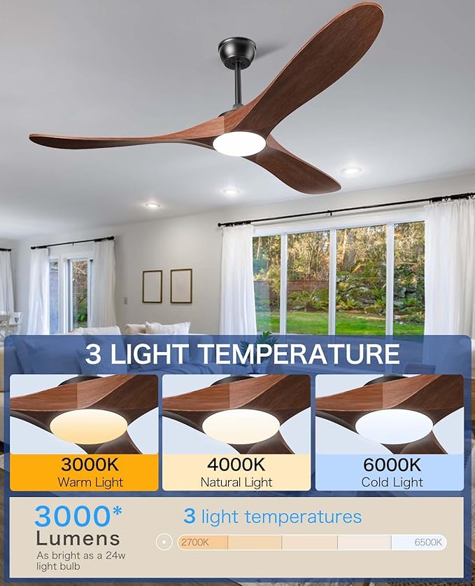 Ceiling Fans with Lights and Remote, 3 Solid Wood Blades, Outdoor Wooden Ceiling Fan with 2 Downrods for Patios, 60 Inch Modern Ceiling Fan with Noiseless Reversible DC Motor (Dark Walnut)