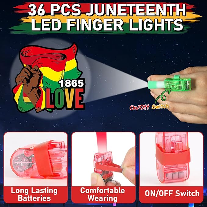 36Pcs Juneteenth LED Finger Lights Juneteenth Party Favor Glow in the Dark Light Up Finger Light Freedom Day Themed s Bulk for Birthday Party Goodie Bag Stuffer Birthday Gifts Prize