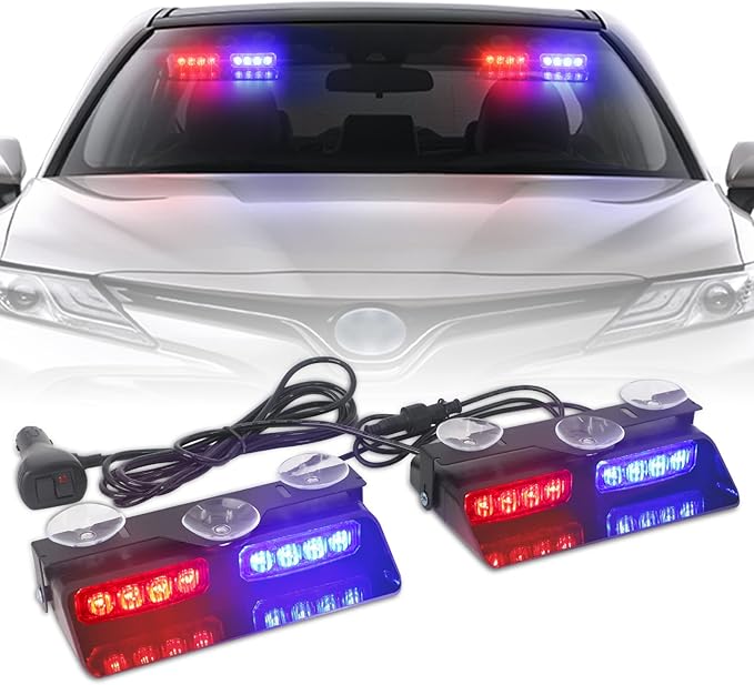 XRIDONSEN 2 in1 Dash Emergency Strobe Lights Interior Windshield Red Blue Warning Safety Flashing Police Lights Law Enforcement w/Suction Cups for Volunteer Vehicles, Trucks (2×7.16 inch, 16 LED)