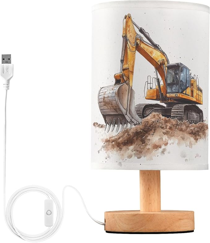 Construction Car Excavator Painting Table Lamp with Wood Base Fabric Lamp Shade Bedside Nightstand Desk Lamp for Living Room Bedroom Kids Room Office