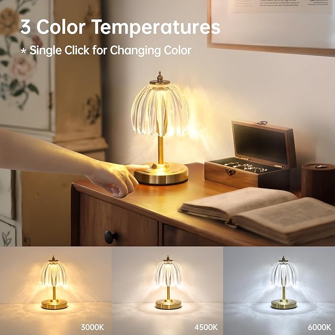 Tulip Small Table Lamp, 5200mAh Cordless Touch Control Mini Table Lamp with 3 Color Temps & Stepless Dimming, Perfect for Small Spaces like Dressers, Bedsides, Bookshelves (Transparent Tulip)