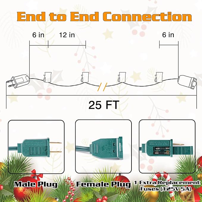 25FT C7 Light String Christmas Stringer, E12 Christmas Sockets 12" Spacing, C7 Stringer Set Green Outdoor String Light for Wedding Patio Event Lighting Decor, Green Wire