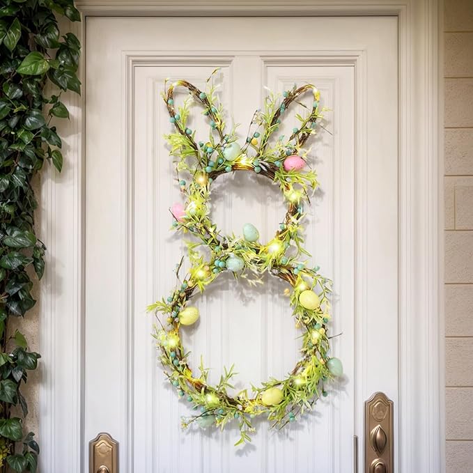 [Timer] Easter Bunny Wreath for Front Door, Lighted Easter Wreaths with 30 LED Warm Lights, Foldable Bunny Wreaths, Pre-Lit Easter Egg Wreath for Spring Decor