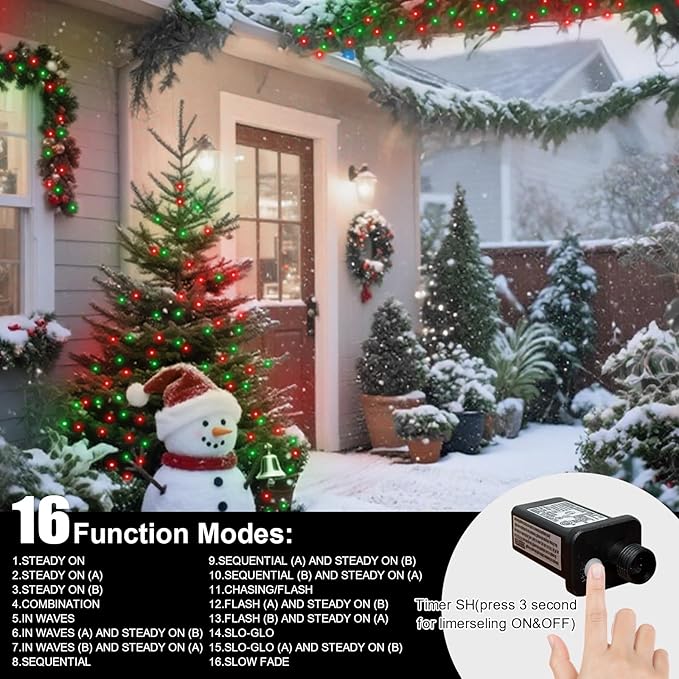 LAMPHOME Red and Green Christmas String Lights, 500 LED 99 FT Connectable Waterproof String Lights Green Wire with16 Modes, Xmas Vintage Decorations for Indoor Outdoor Party Yard Garden Decor