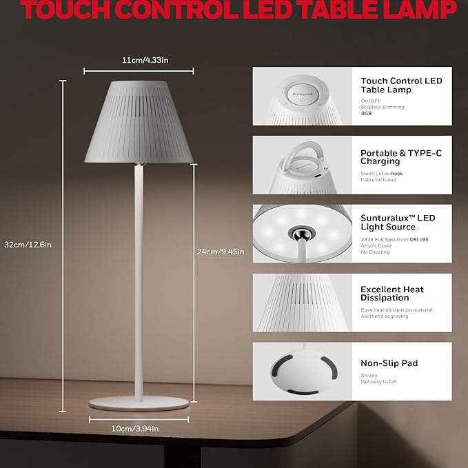 Honeywell M1 Cordless Small Table Lamp Rechargeable, 5200mAh Battery Operated LED Table Lamp, 4 Color 9RGB Stepless Dimmable Touch Control Night Light for Bedroom Restaurant Bedside (1, White)