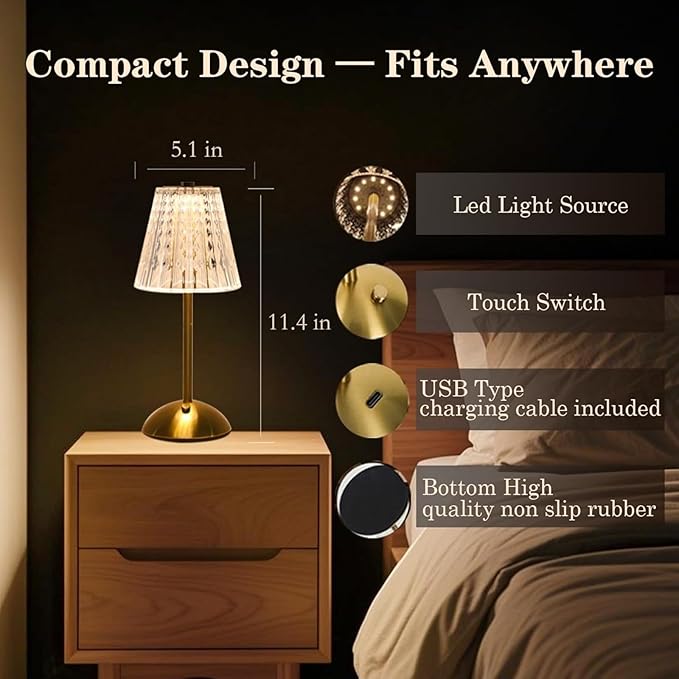 2 Pack Crystal Table Lamp, 5000mAh Rechargeable Battery Lamp with Touch Control, 3 Color Temperatures, Dimmable Brightness, Matte Aluminum Light for Bedroom/Bar/Kitchen/Outdoor, Home Décor
