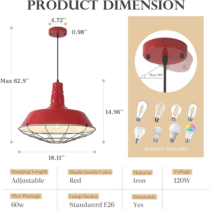 Red Large Pendant Lights Kitchen Island, 18.1 Inch Farmhouse Pendant Light, Industrial Pendant Light with Wire Cage, Kitchen Cage Light 2 Pack, Island Pendant Lights for Kitchen Dining Room