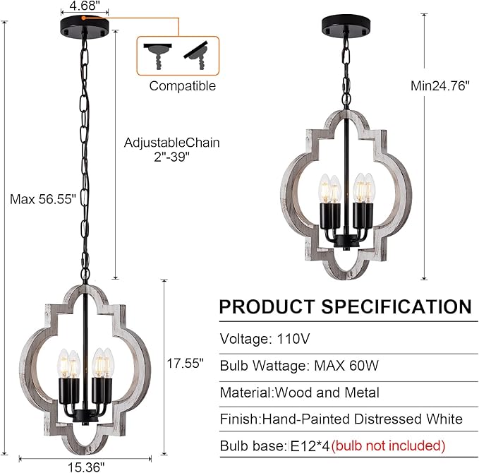 4-Light 15" Farmhouse Orb Chandelier Rustic Handmade Distressed White Wood Hanging Ceiling Pendant Light Fixture Wood Lantern Chandeliers for Dining Room Kitchen Bedroom Foyer Hallway