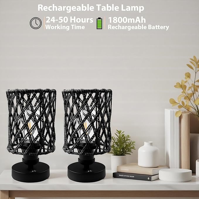 Cordless Outdoor Table Lamps, Small Rattan Boho, Rechargeable Battery Operated for Outdoor Patio, Home, Living Room, Bedroom, Bedside - Set of 2 (Black-A)