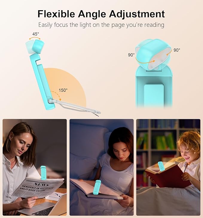 Gritin Reading Light, Rechargeable Book Light for Reading in Bed - Eye Caring 3 Color Temperatures, 5-Level Dimmable Brightness, Long Lasting, Compact Size Clip on Book Lamp for Bookworms-Blue