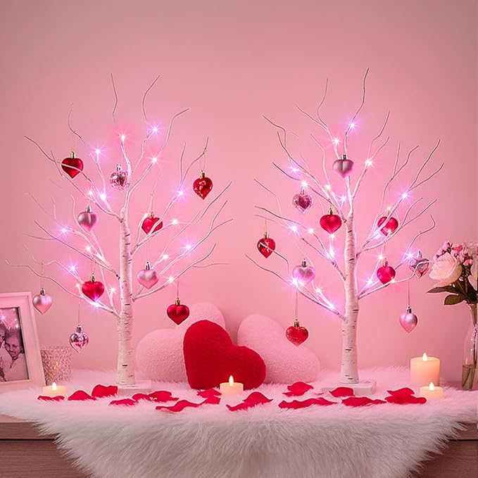 Valentines Day Decorations Birch Tree with Heart-Shaped Ornaments, Lighted Artificial Tree with 24 LED Pink&Red Lights, Light Up Tabletop Trees USB&Battery Operated for Home Indoor Table (2Pack 2Ft)