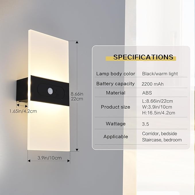 Rechargeable Wall Sconces Set of 2,Magnetic Wireless Led Wall Lamp, 2200Mah Battery Operated Motion Sensor Wall Lights Indoor Dimmable with Switch for Bedroom,Living Room,Hallway,Stair