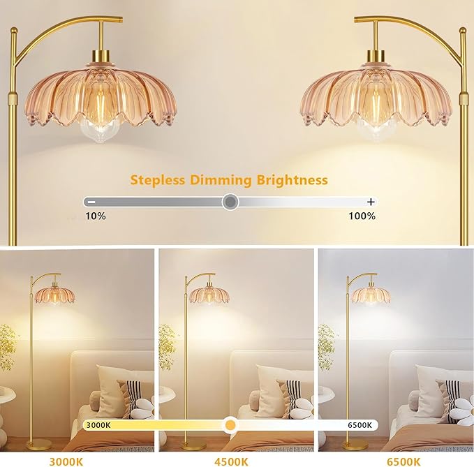 Gold Floor Lamp for Living Room,Bedroom,Mid Century Modern Standing Lamp with Remote,Dimmable Brass Tall Lamp Amber Glass Lamp Vintage Retro Arc Floor Lamps Flower Floor Light Boho Bohemian