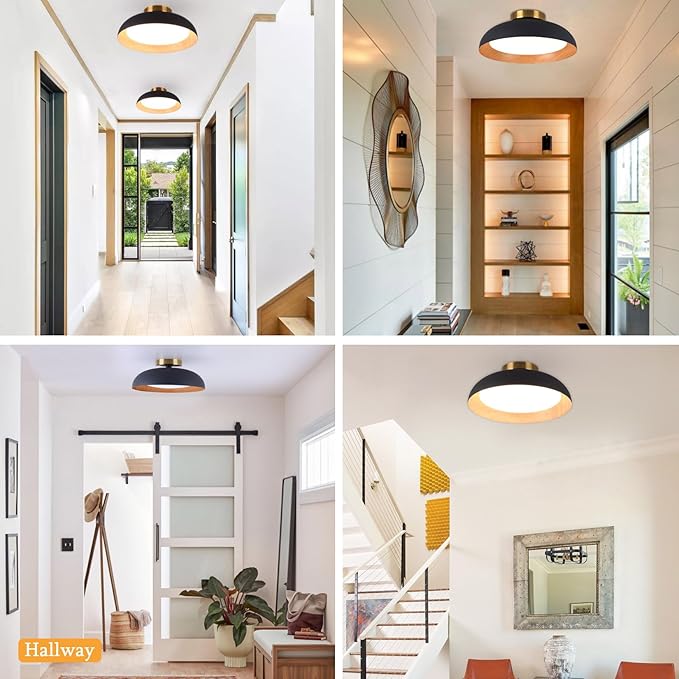 Bargeni Flush Mount Ceiling Light,12.5 inch LED Ceiling Light Fixture,5CCT Dimmable/2700K-6000K/20W, Matte Black with Wood Accent,Mid Century Light Fixtures Ceiling Mount,ETL Certified