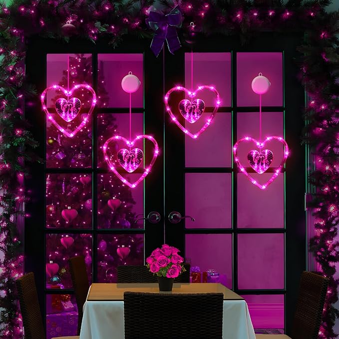 3 Pack Valentines Day Window Lights Decorations with Timer, Battery Powered Hanging Pink Lighted Heart Shaped Sucker LED Lamp for Indoor Home Decor