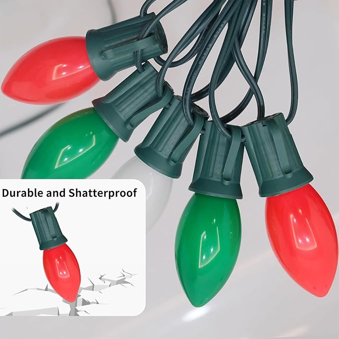 25FT C7 Christmas Lights Outdoor, Red Green White 3-Color LED String Lights for Roof, Fence, Tree, Wedding, Party, Patio, Bright Holiday Decor