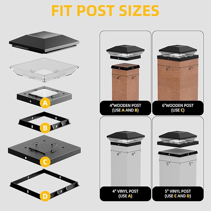 T-SUN Solar Post Cap Lights Outdoor 6 Pack, 2 Modes LED Fence Post Solar Lights Fit for 4x4 5x5 6x6 Vinyl/Wooden Posts, Waterproof Deck Post Lights Solar Powered for Garden Patio Gate Porch