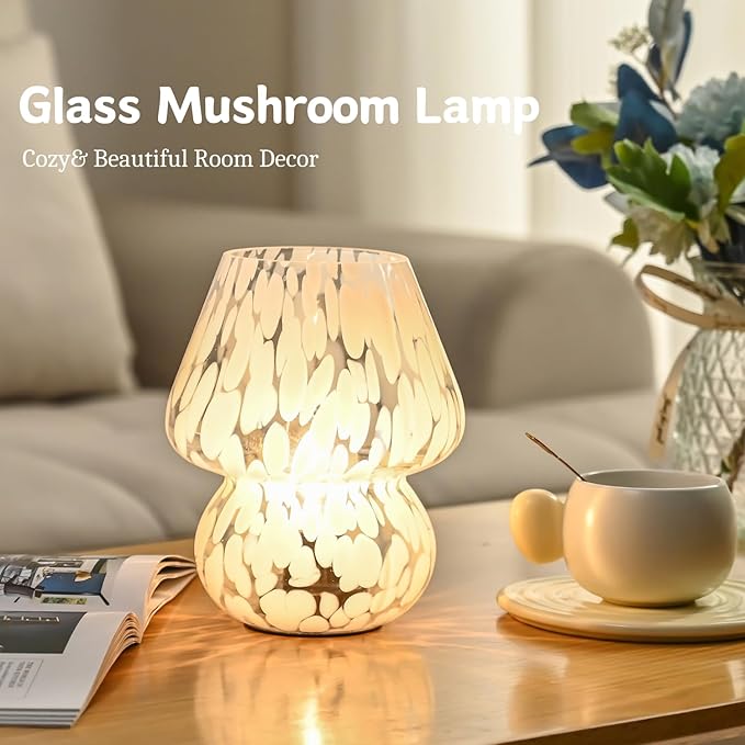 Mushroom Lamp Small Bedside Table Lamp, Battery Operated Mushroom Desk Lamps with LED Bulb, Translucent Glass White Cordless Lamp for Bedroom Nightstand Living Room