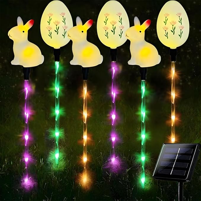 Easter Decorations Solar Pathway Lights, 6pcs Easter Bunny and Egg Lights with 8 Lighting Modes, Outdoor LED Colored Stake Lights for Lawn Yard Porch Patio Decoration (White - Rabbit+Egg)