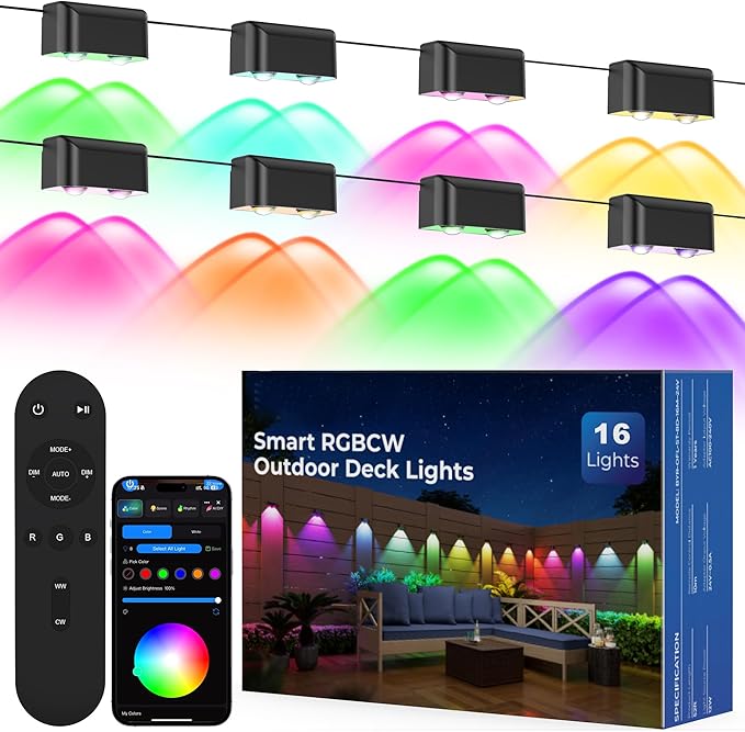 Outdoor Deck Lights, 16 Lights Smart Fence Lights Compatible with Alexa & Google Home, IP65 LED Patio Deck Lighting with Remote, Fence Lighting Music Sync for Patio Yard Garden(104.8ft)