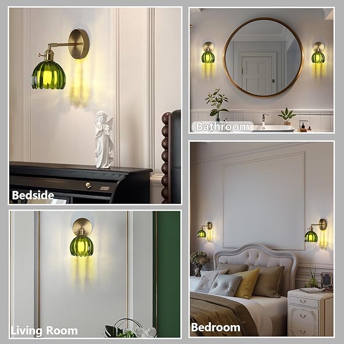 HuisMier Vintage Wall Sconces with Green Tulip Glass Lampshade, Modern 180 Degree Adjustable Brass Wall Sconces with Switch for Bathroom Bedroom Living Room Hallway, Hardwired