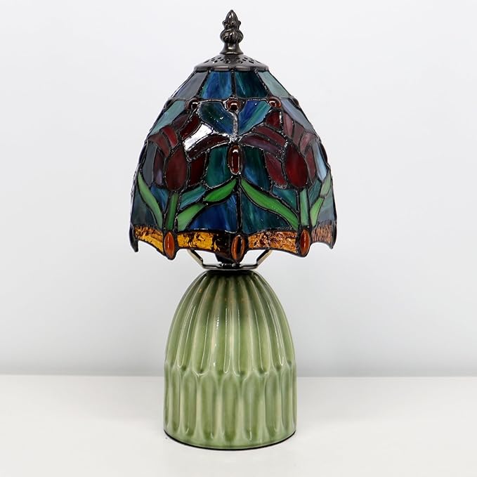 Tiffany Lamp Stained Glass Mushroom Table Lamps 6X6X12.5 Inch Blue Red Tulips Style Small Night Light Ceramic Base Mini Accent Desk Light Suitable for Bedside Table Bedroom Children Room