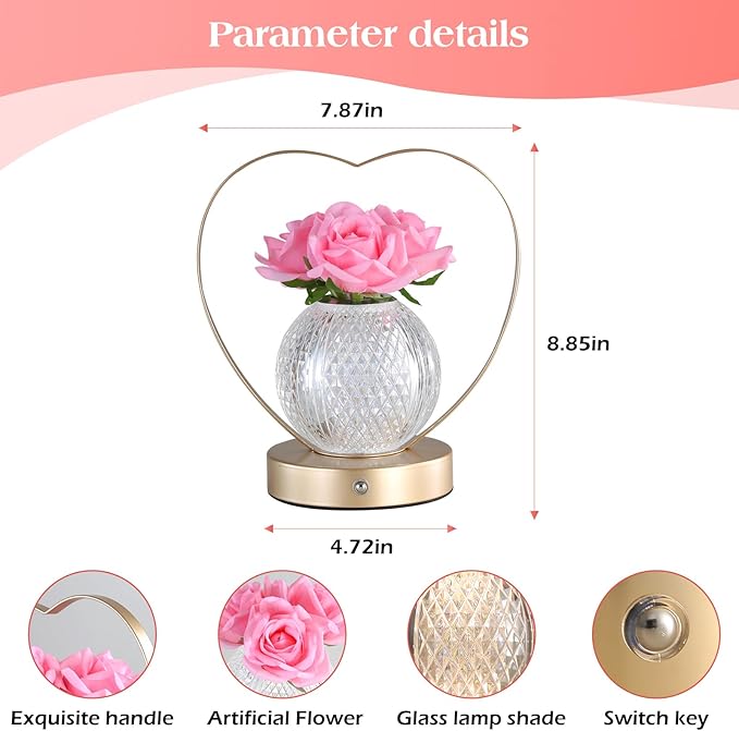 Rose Flower Lamp,Birthday Gifts for Women,Rechargeable Cordless LED Touch Lamps,3-Colour Infinitely Dimming Small Night Light,for Living Room,Dining Room,Bedroom Festival Home Decor