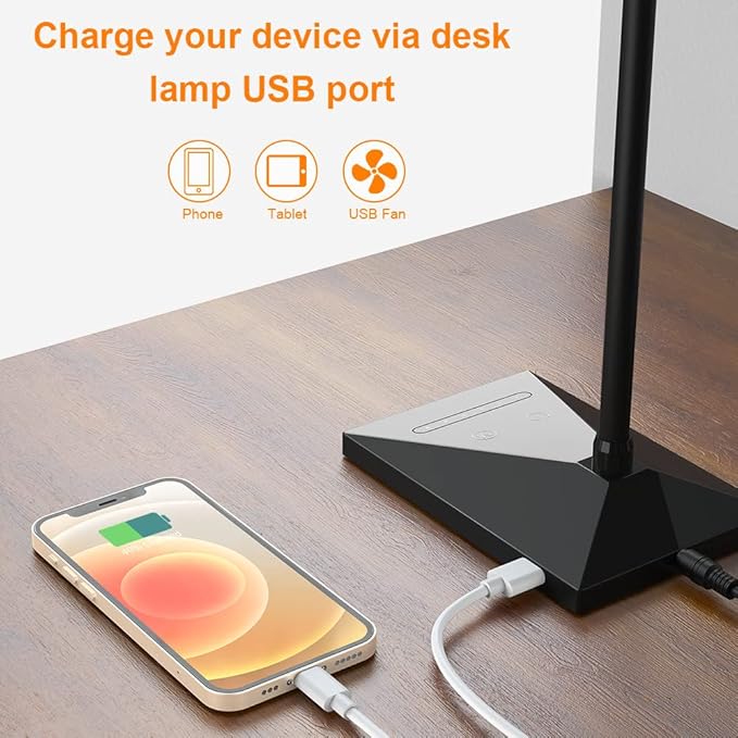Vansuny LED Desk Lamp with USB Charging Port, Eye-Caring, 5 Color Modes,6 Brightness Levels, Touch Control, Adjustable Neck, Memory Function for Dorm Office Work Bedroom (12W,Black)
