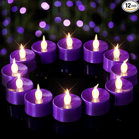 Purple LED Candles, 12 Pack Tea Lights Candles Battery Operated, Flameless Tealight Candle, Realistic Tea Lights for Halloween Christmas Party Decor Mardi Gras
