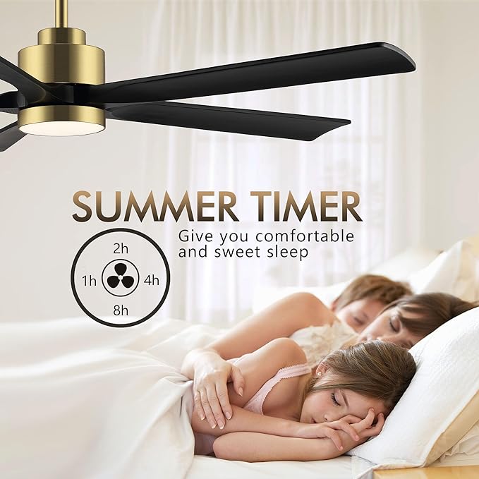 ELEHINSER 52" Modern Ceiling Fan with Light and Remote Control, 5 Solid Wood Blades 6-Speed Noiseless Reversible DC Motor, Ceiling Fan for Bedroom Dinning Living Room, Gold Finish with Black Blades