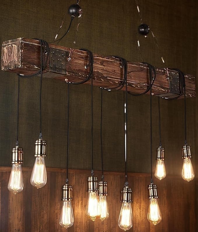 Rustic Farmhouse Chandeliers for Dining Room & Kitchen Island 10-Light Adjustable Wooden Pendant Lighting 43.3" Retro Ceiling Hanging Light for Bar & Pool Table