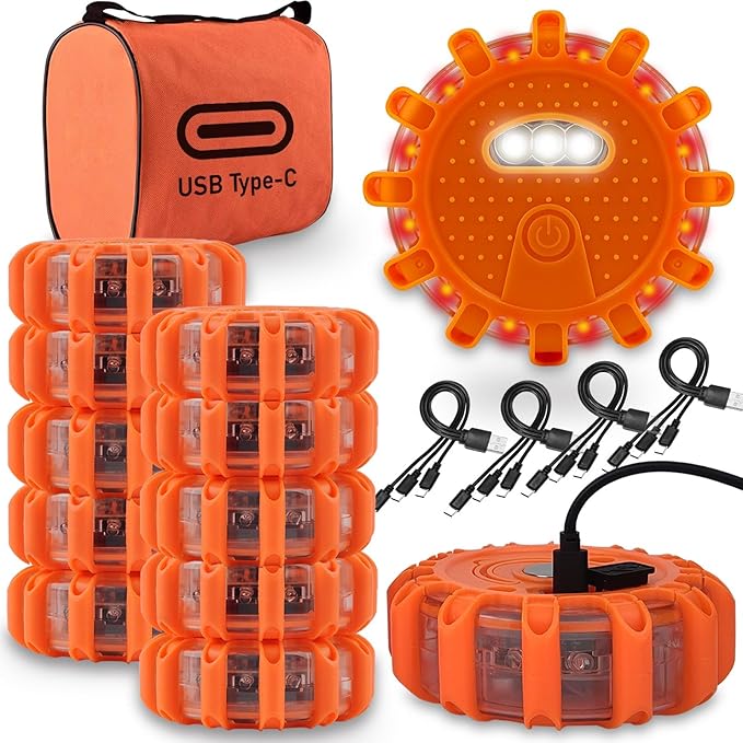 USB-C Rechargeable LED Road Flares Emergency Lights-Large Capacity (Lithium Battery) 3 in 1 Cable Roadside Warning Car Safety Beacon Flashing Disc Flare Kit with Magnetic Base for Vehicles