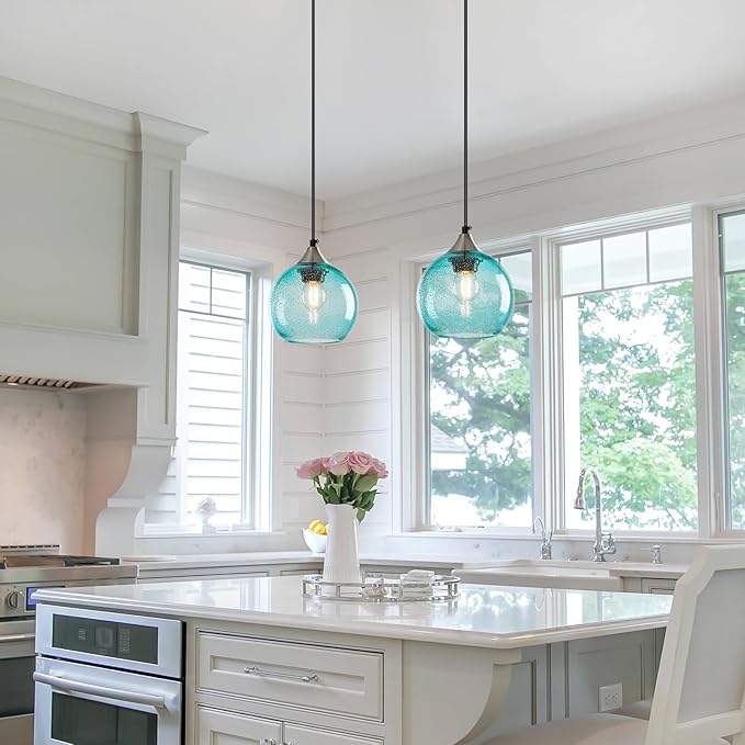 Light Blue Glass Pendant Lights Kitchen Island Globe Pendant Light Fixtures Modern Pendant Lighting for Bedroom Living Dining Room Light Fixture (5.9 in, 3 Pack)