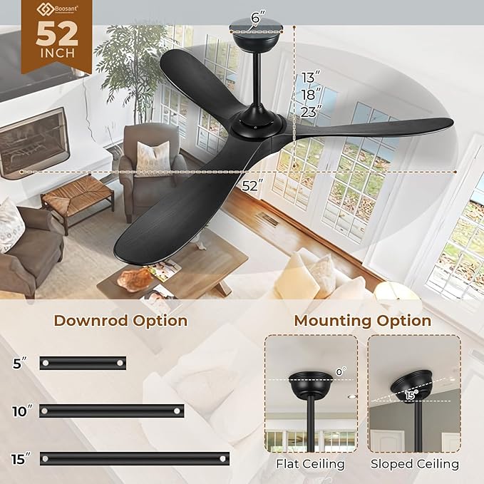 52" Outdoor Ceiling Fans with Lights and Remote Control, Wood Ceiling Fan with Lights High CFM Quiet 3 Blade Wood Walnut Fan, Propeller Ceiling Fan for Outdoor/Indoor/Patio,Matte Black