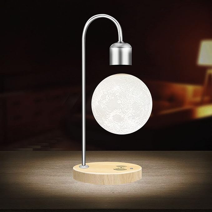 Unique Modern Levitating Lamp with Floating Light and Built-in Qi Wireless Charger, Simplistic and Innovative Design, Warm Decorative Night Light (Silver Moon)