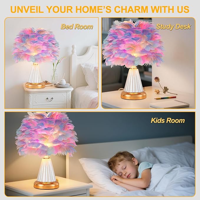 Colorful Feather Table Lamp Cute Ceramic Fluffy Bedside Lamp Princess Furry Nightstand Light Girl Romantic Desk Lamp for Girl Bedroom Living Room Office Nursery Valentines Wedding Decor
