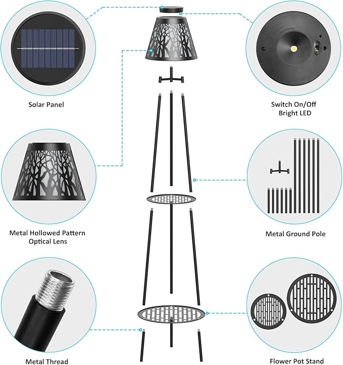 MXwcy 2 Pack Metal Solar Floor Lights Outdoor with Plant Stands, 45.5'' Solar Powered Street Lights, for Garden Yard Pathway Driveway Porch