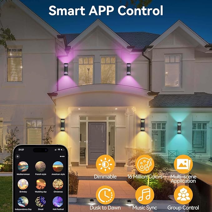 Smart Outdoor Wall Lights 2 Pack, Modern Up and Down Light Dusk to Dawn Outdoor Lighting Black Exterior Lighting Fixtures, Color Changing Porch Lights for Outside Decor, DIY Effects