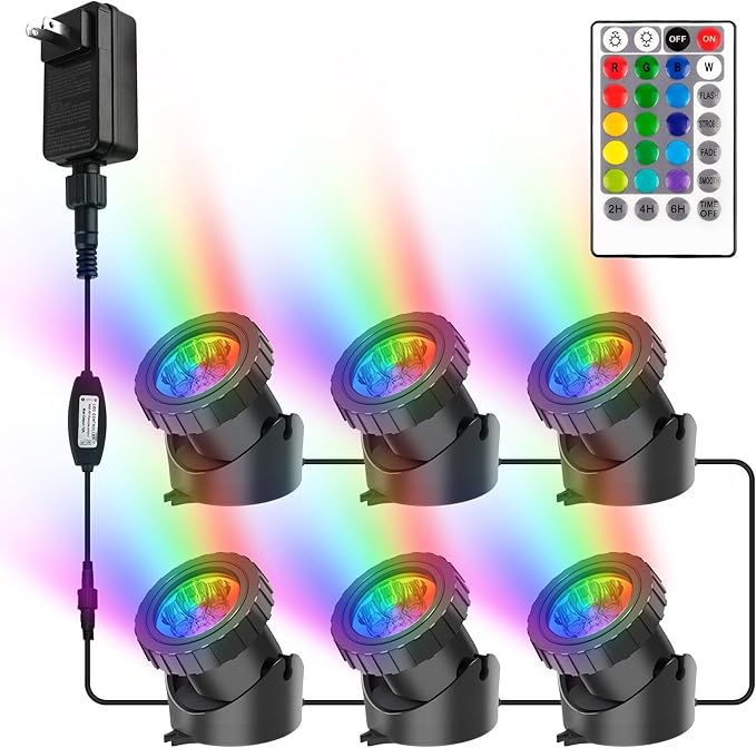RGB Pond Lights with Timer, LED Underwater Submersible Fountain Light, 98ft Remote Control IP68 Waterproof Colorful Landscape Spotlights for Fish Aquarium Tank Garden Yard Pool (Set of 6)