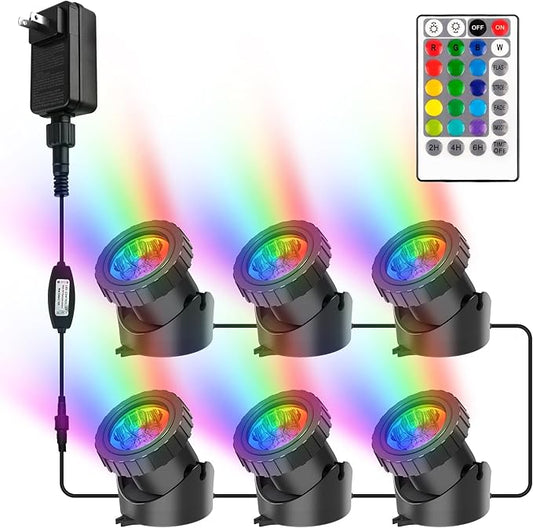 RGB Pond Lights with Timer, LED Underwater Submersible Fountain Light, 98ft Remote Control IP68 Waterproof Colorful Landscape Spotlights for Fish Aquarium Tank Garden Yard Pool (Set of 6)