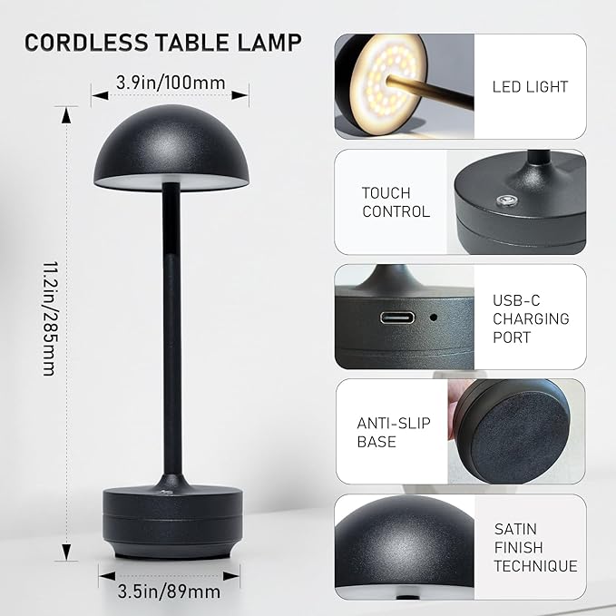 Cordless Table Lamp Rechargeable - LED Table Light Outdoor - 5000mAh Battery Operated Portable Touch Dimmable Lamps for Restaurant Patio Dining Room (Black-1)