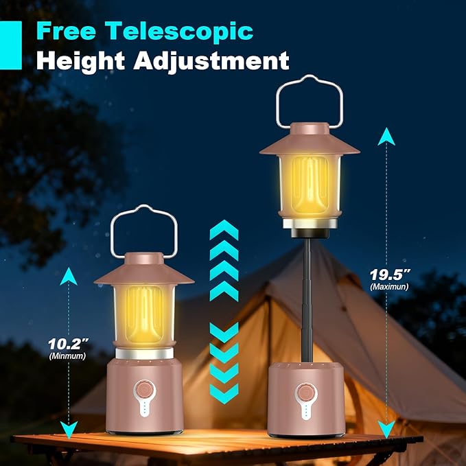Telescopic LED Camping Lantern, 8000mAh Battery Powered Vintage Camping Lights, 3 Light Modes, Stepless Dimming Tent Lights, Portable Emergency Light for Power Outages, Outdoor Work, Hurricane, Hiking