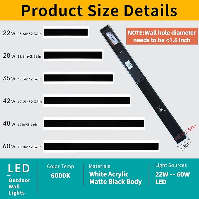 Mikeru 2Pack 70.8inch Long Led Wall Light, 6000k Cool White Modern Outdoor Wall Light Ip65 Waterproof Black Acrylic Porch Exterior Lighting Fixtures, Exterior Wall Mount Lights