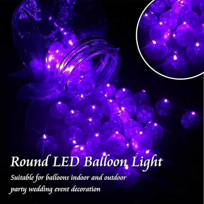 100pcs Mini Led Lights - Round, Long Standby Time Ball Light Paper Lantern Balloons for Birthday Party, Christmas, Halloween Decoration Purple