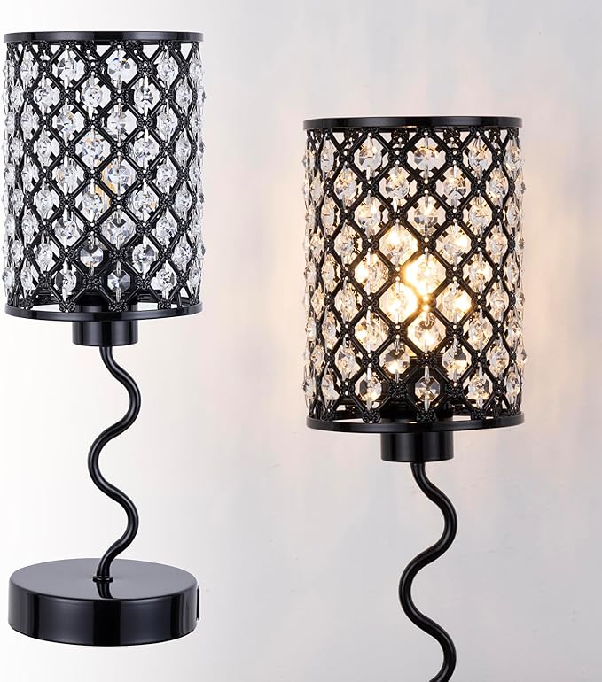 Crystal Table Lamp with 3 Way Dimmable Touch Control, Nightstand with USB A+C Ports, Modern Bedside Touch Lamp for Bedroom, Living Room, Office Reading, Black