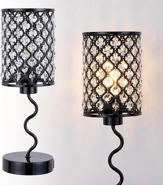 Crystal Table Lamp with 3 Way Dimmable Touch Control, Nightstand with USB A+C Ports, Modern Bedside Touch Lamp for Bedroom, Living Room, Office Reading, Black