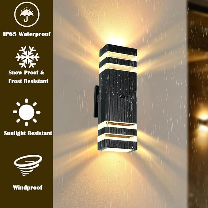 Motion Sensor Outdoor Wall Lights with 3 Lighting Modes, Dusk to Dawn Porch Light with Bulbs Include, IP65 Waterproof Modern Black Wall Sconce for Patio, Garage, Front Door
