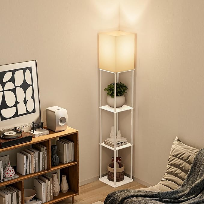 Floor Lamp with Shelves, with Modern Square Standing Lamp with Smart APP Control RGB Bulb, Corner Display Bookshelf Lamp for Living Room, Bedroom and Office (White-9RGB)