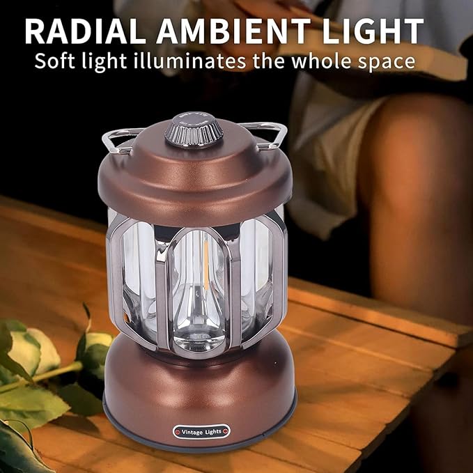 Retro Camping Lantern, Rechargeable LED Tent Lamp with 3 Light Modes, Dimmable Vintage Camping Light with Hook, USB Type C Portable Lantern for Garden Outdoor (Brown)